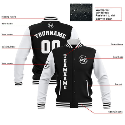 Custom Black White Waterproof Varsity Jackets Personalized Stitched Name Number Logo to Letterman Jackets enthsush