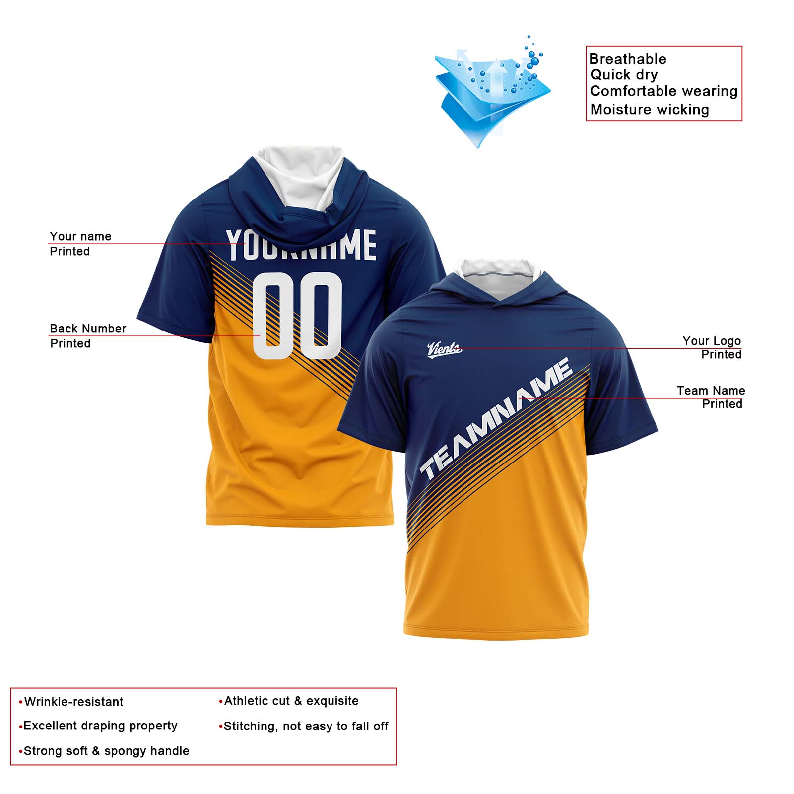 Custom Navy Orange Short Sleeve Hoodies for Men Women Shirts with Hoods Printed Name Logo enthsush