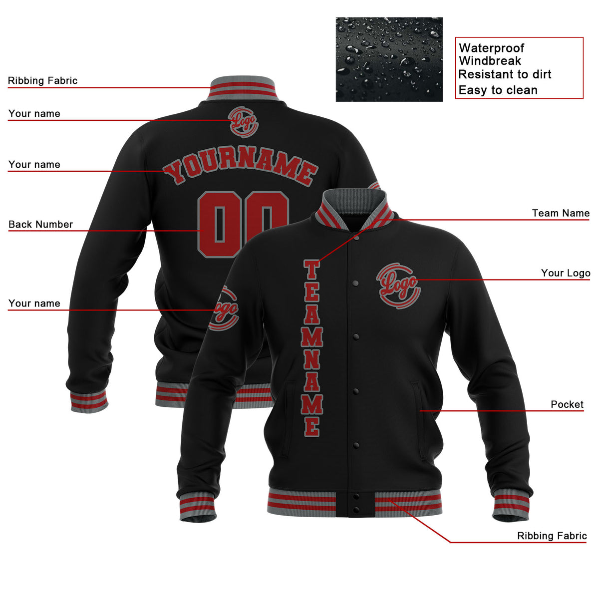 Custom Black Red Grey Waterproof Varsity Jackets Personalized Stitched Name Number Logo to Letterman Jackets enthsush