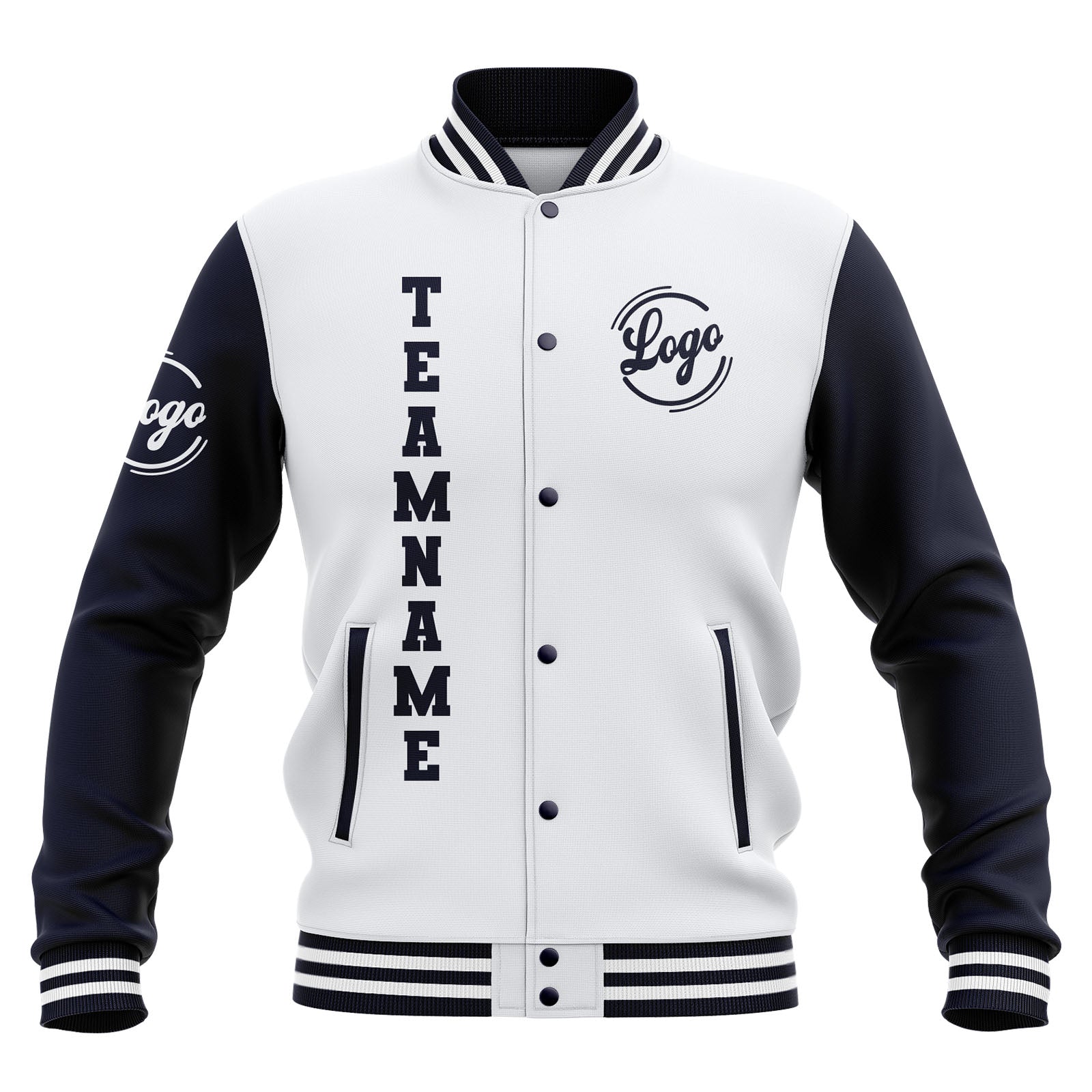 Custom White Navy Waterproof Varsity Jackets Personalized Stitched Name Number Logo to Letterman Jackets enthsush
