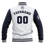 Custom White Navy Waterproof Varsity Jackets Personalized Stitched Name Number Logo to Letterman Jackets