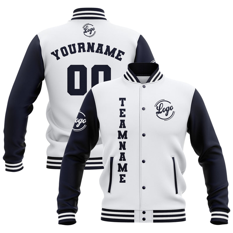 Custom White Navy Waterproof Varsity Jackets Personalized Stitched Name Number Logo to Letterman Jackets