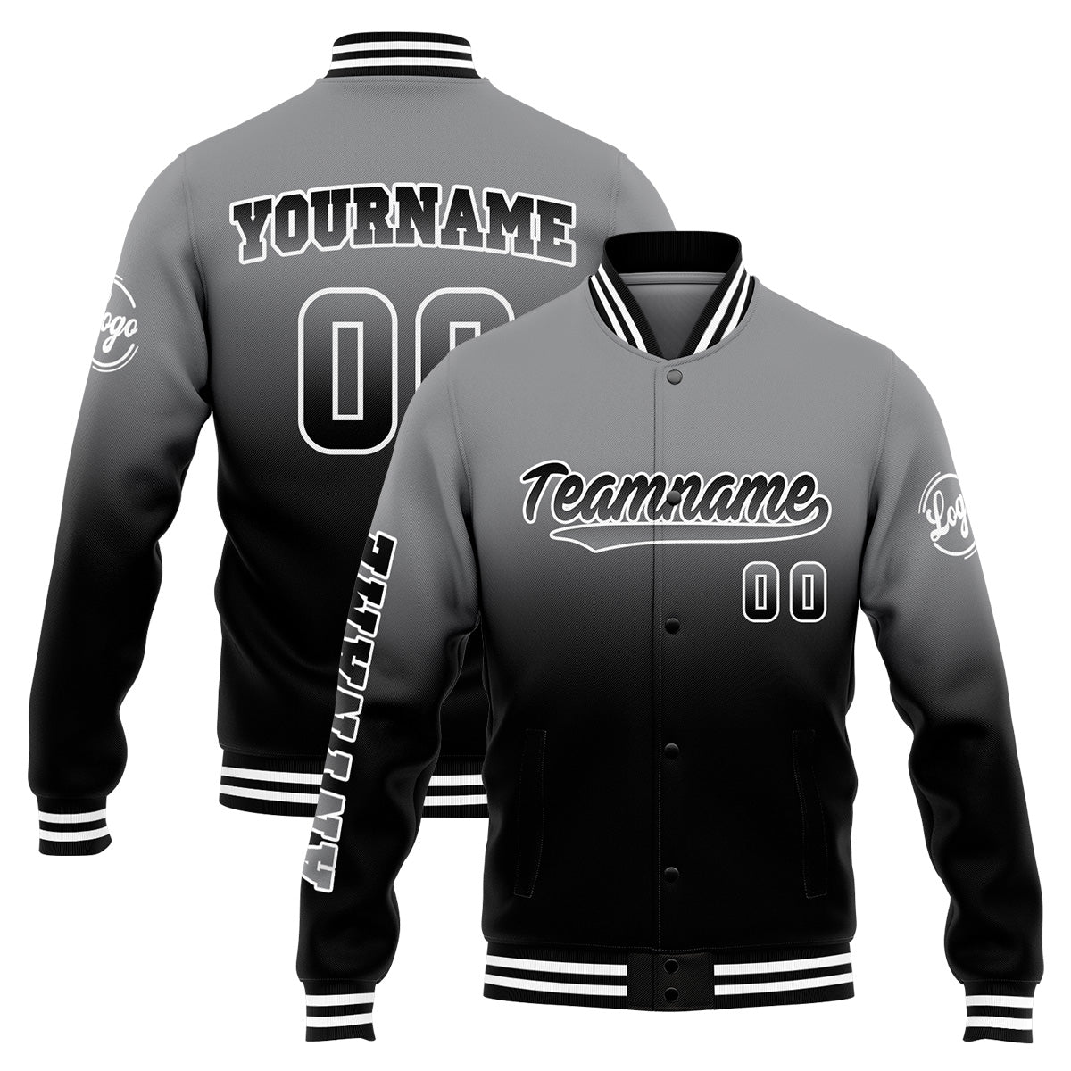 Custom Gradient Varsity Jacket Letterman jacket for Men, Women and Youth Grey&Black enthsush