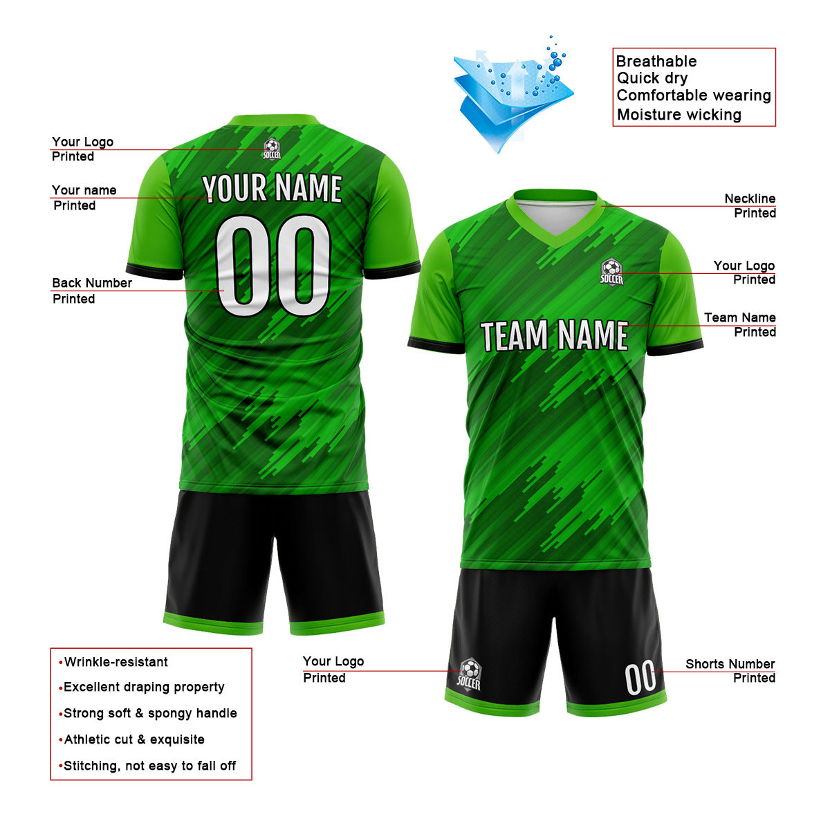 Custom Green Soccer Jerseys for Men Women Personalized Soccer Uniforms for Adult and Kid enthsush