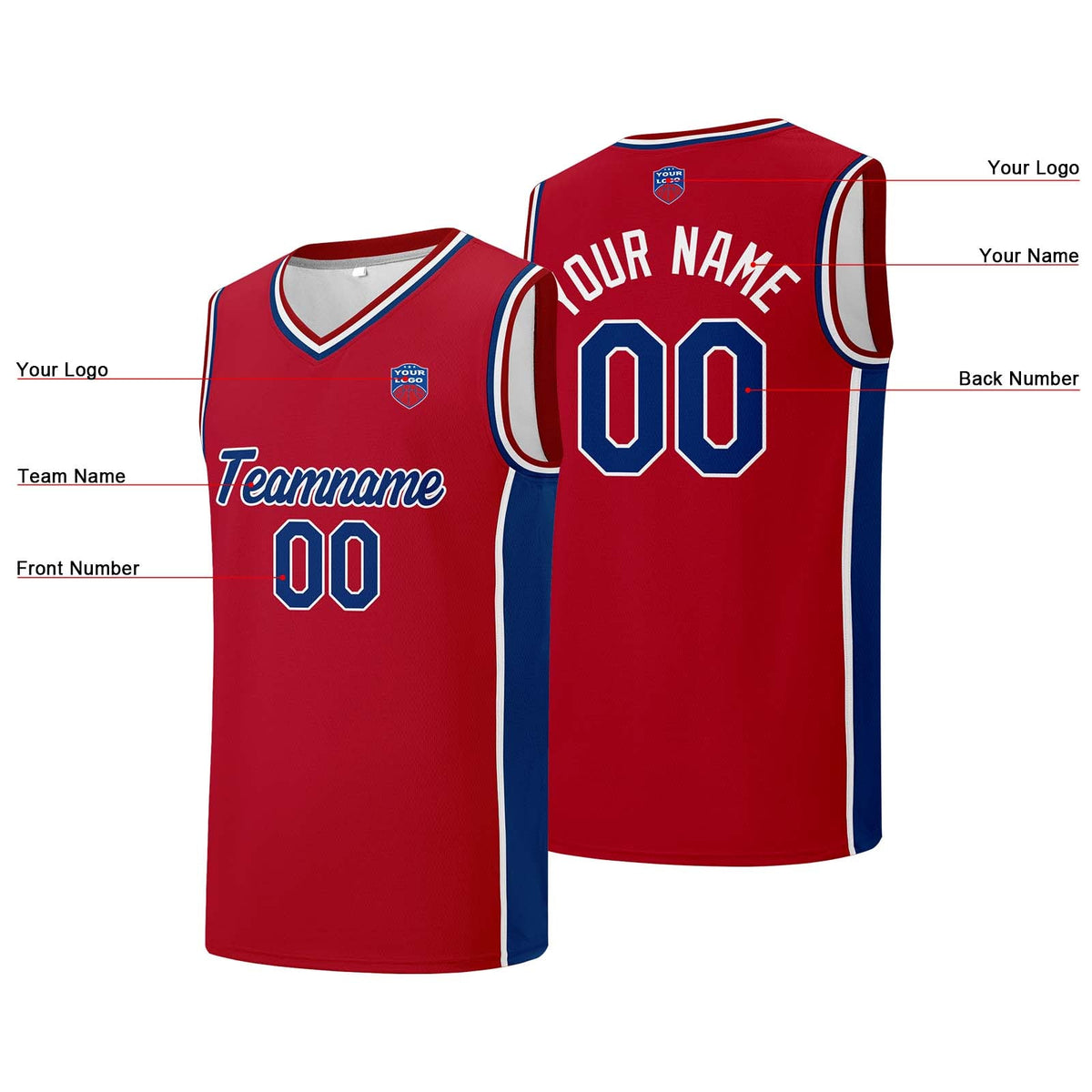 Custom basketball jersey shorts for men and women. Embroidered and printed name, number and logo Red enthsush