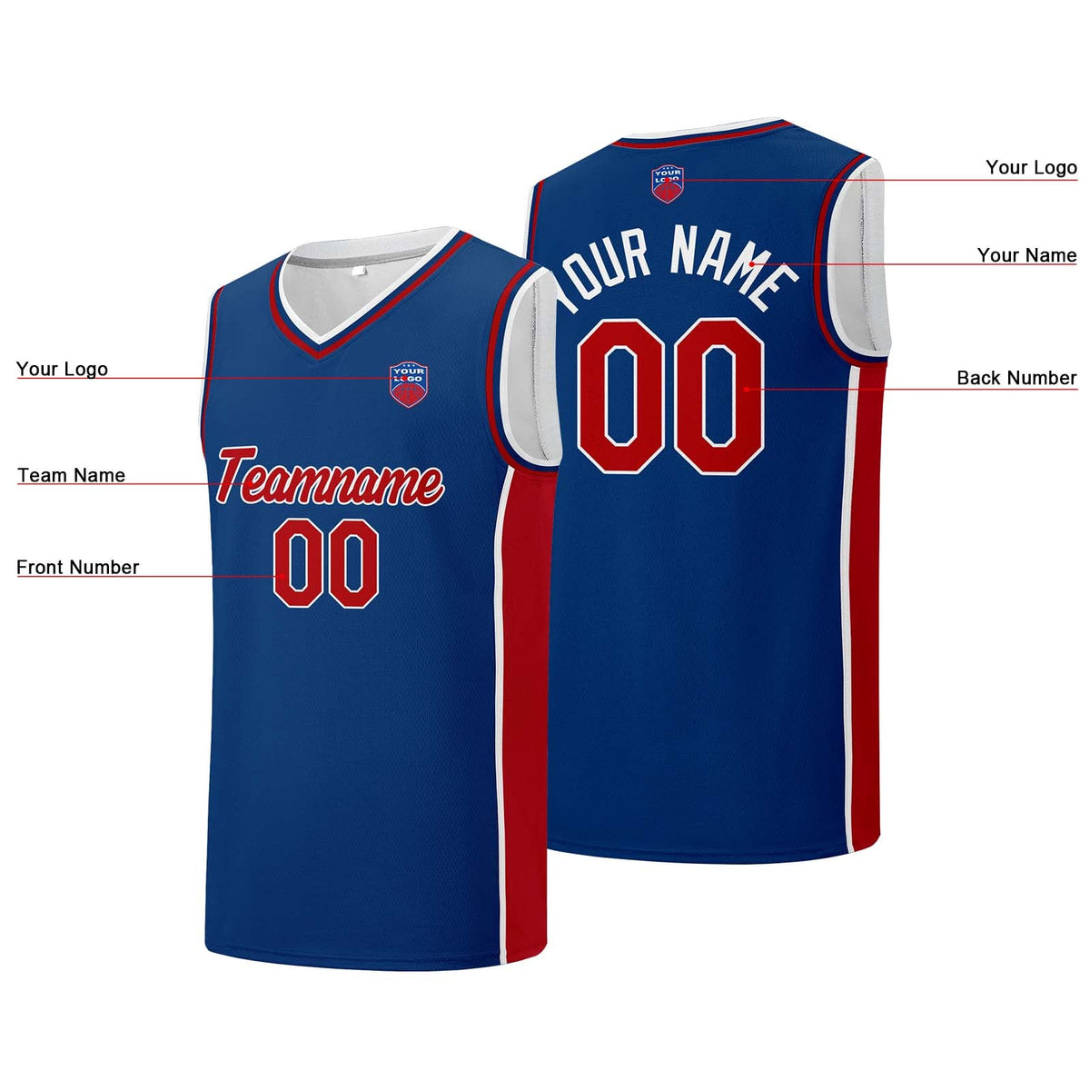 Custom basketball jersey shorts for men and women. Embroidered and printed name, number and logo Blue enthsush