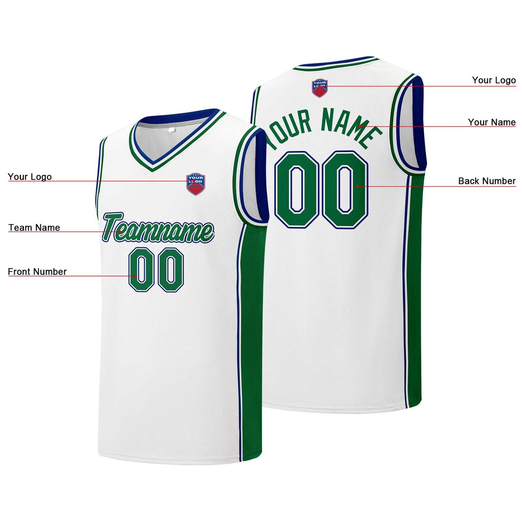 Custom basketball jersey shorts for men and women. Embroidered and printed name, number and logo White enthsush