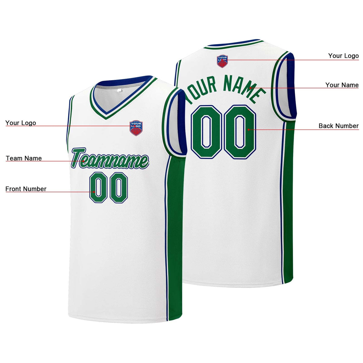 Custom basketball jersey shorts for men and women. Embroidered and printed name, number and logo White enthsush