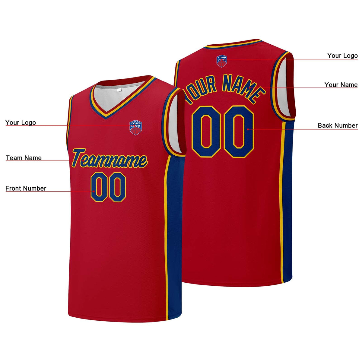 Custom basketball jersey shorts for men and women. Embroidered and printed name, number and logo Red enthsush
