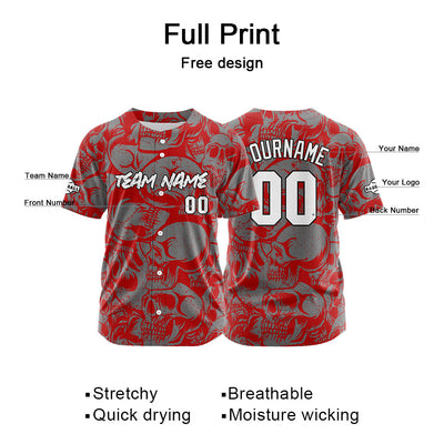 Custom Baseball Uniforms High-Quality for Adult Kids Optimized for Performance Retro Skull-Red&Grey enthsush