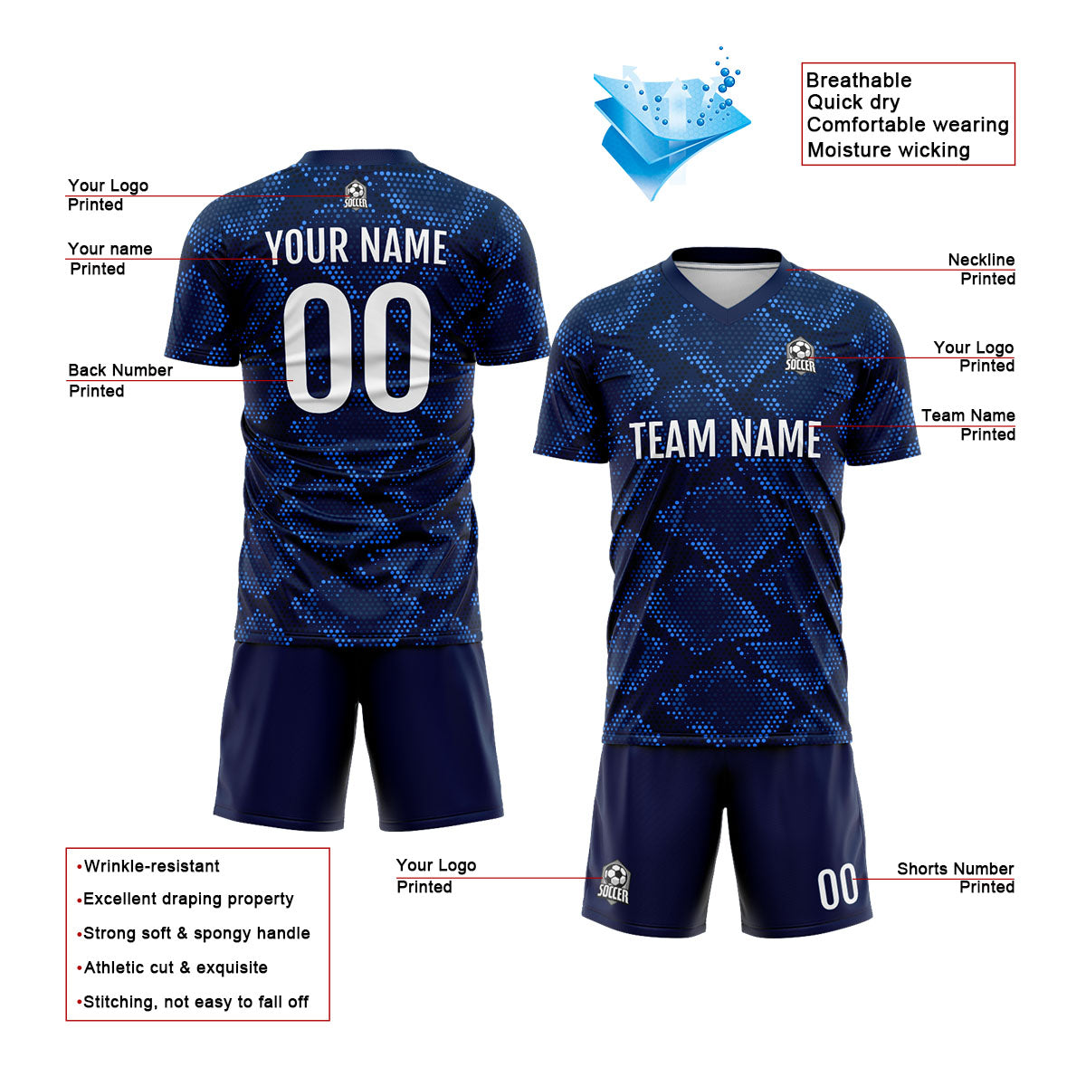 Custom Dark Blue Soccer Jerseys for Men Women Personalized Soccer Uniforms for Adult and Kid enthsush