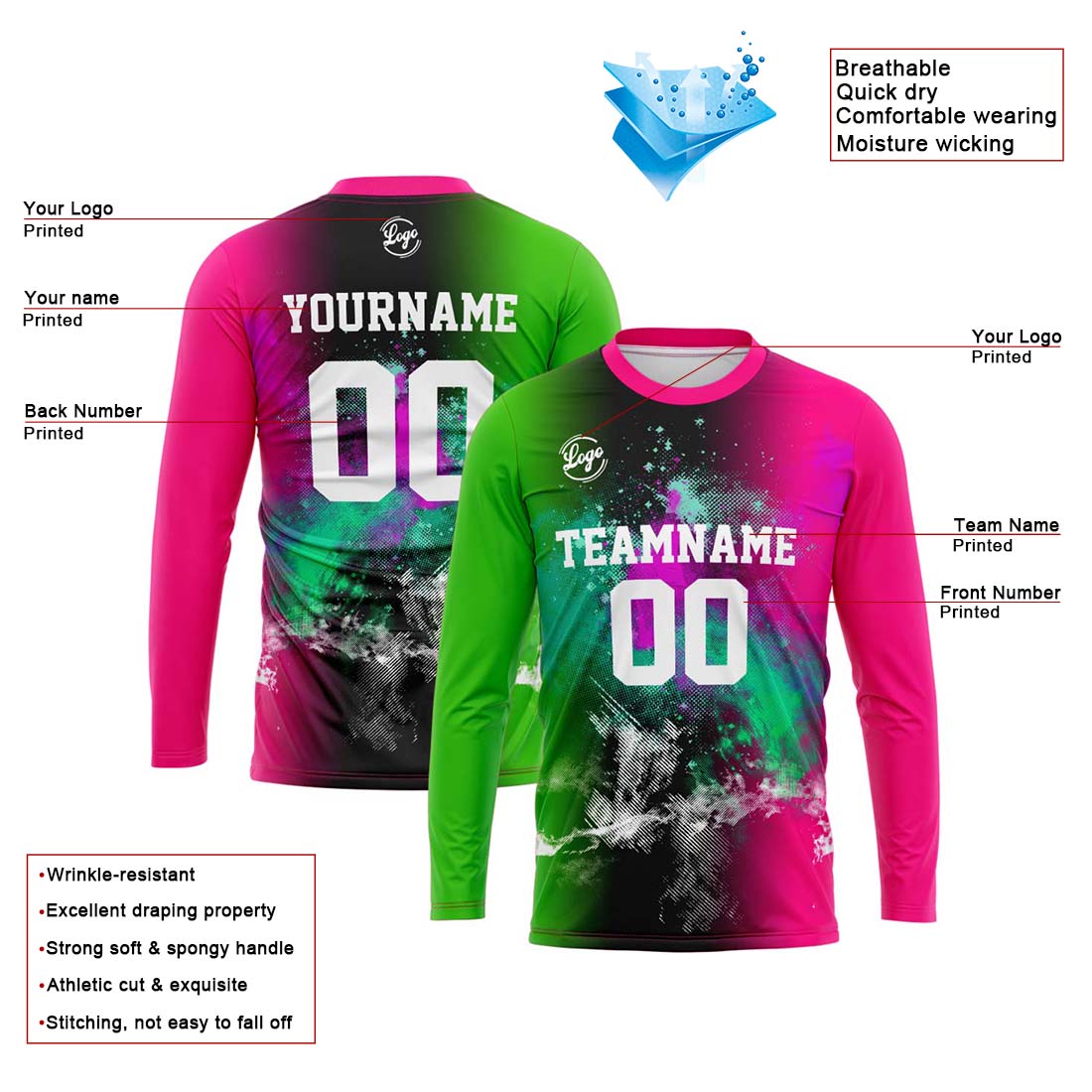 Custom Basketball Soccer Football Shooting Long T-Shirt for Adults and Kids Green&Pink enthsush
