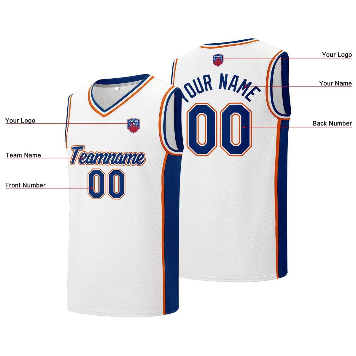 Custom basketball jersey shorts for men and women. Embroidered and printed name, number and logo White&Royal&Orange enthsush