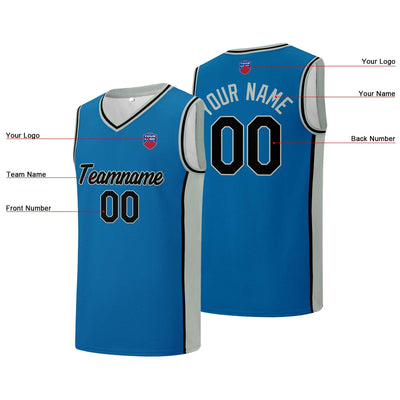 Custom basketball jersey shorts for men and women. Embroidered and printed name, number and logo Blue&Grey enthsush
