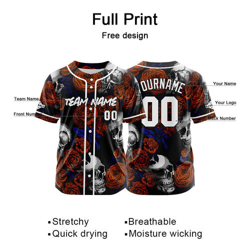 Custom Baseball Jersey Personalized Baseball Shirt for Men Women Kids Youth Teams Stitched and Print Rose Skull&Orange enthsush