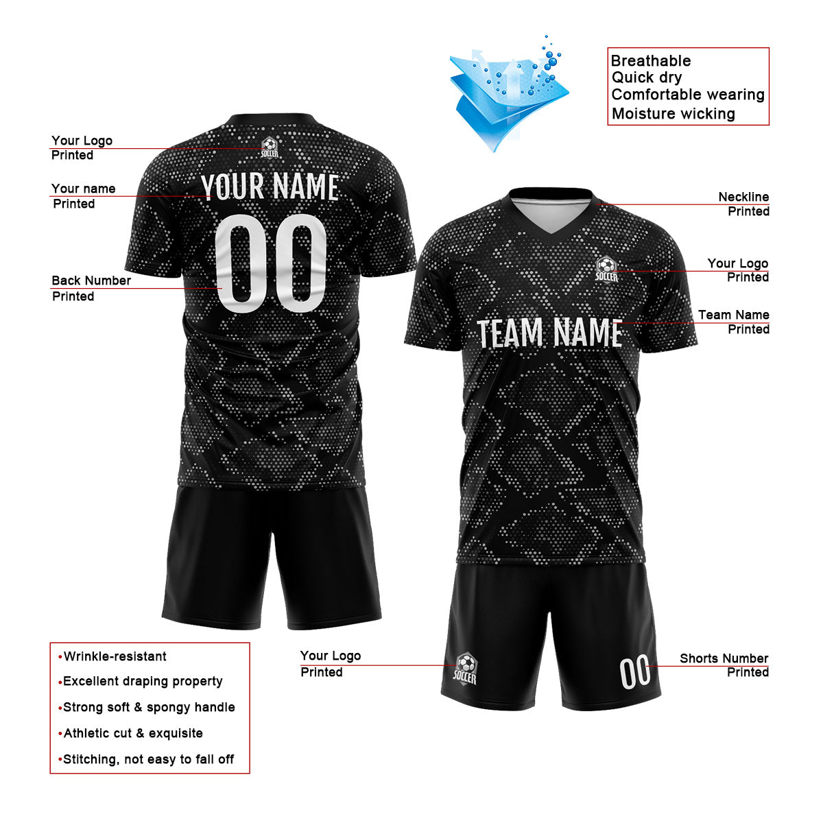 Custom Black Soccer Jerseys for Men Women Personalized Soccer Uniforms for Adult and Kid enthsush