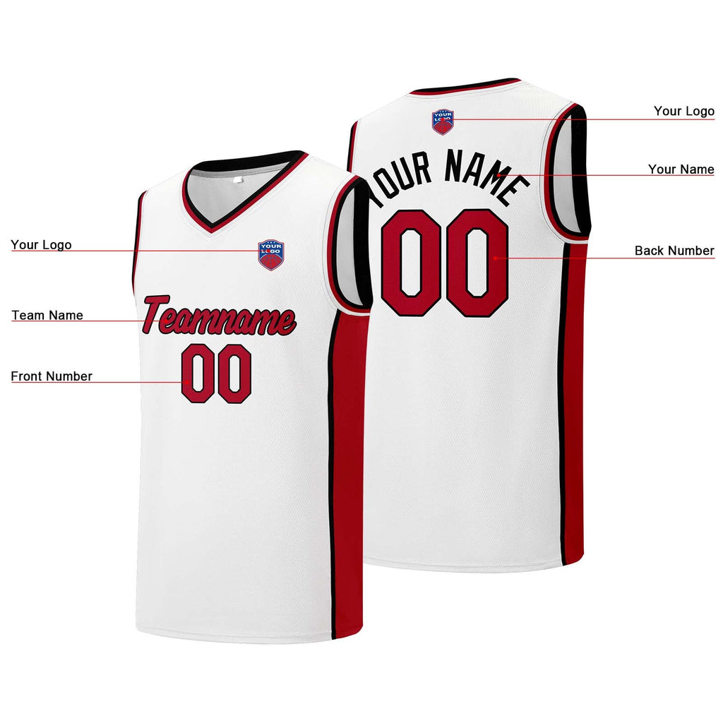 Custom basketball jersey shorts for men and women. Embroidered and printed name, number and logo White&Red&Black enthsush