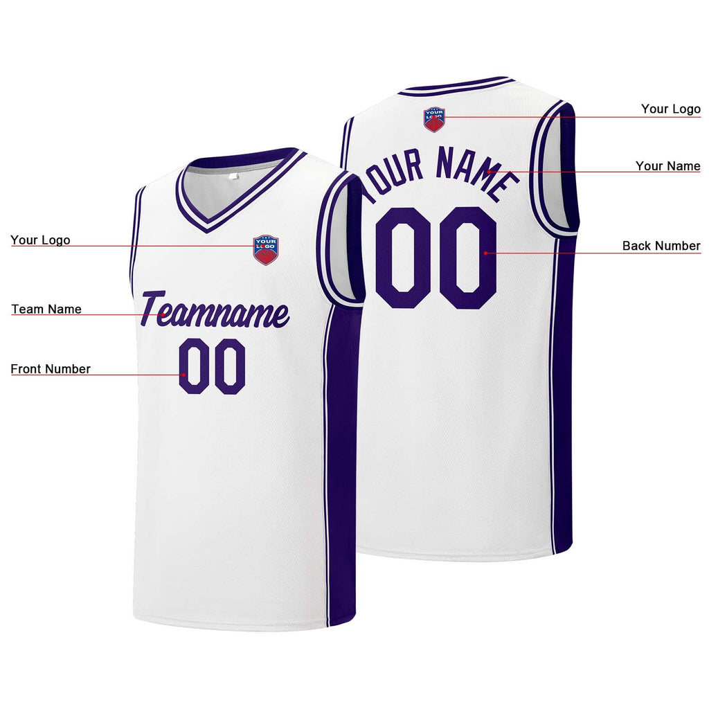 Custom basketball jersey shorts for men and women. Embroidered and printed name, number and logo White enthsush