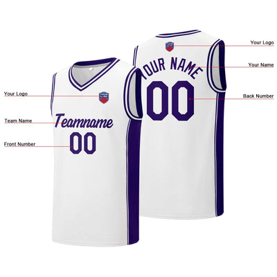 Custom basketball jersey shorts for men and women. Embroidered and printed name, number and logo White enthsush