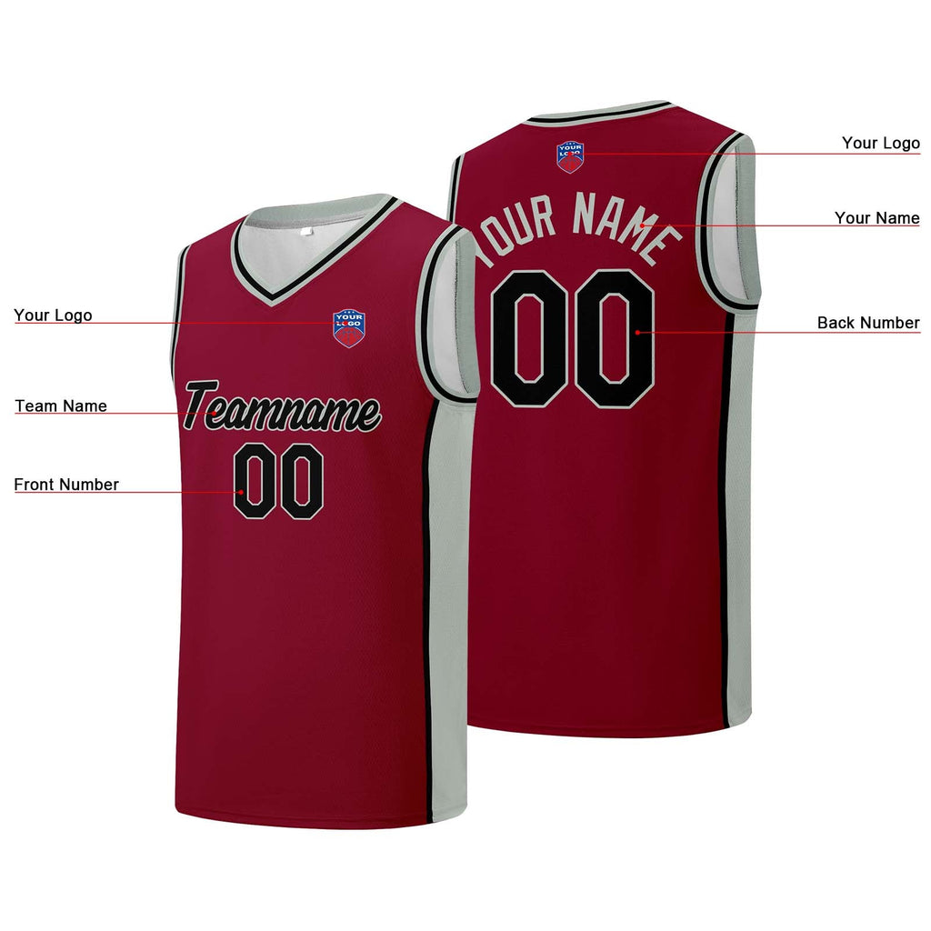Custom basketball jersey shorts for men and women. Embroidered and printed name, number and logo Burgundy&Grey enthsush