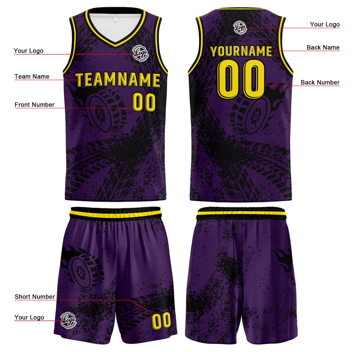 Custom Purple Yellow Basketball Jersey Uniform Suit Printed Your Logo Name Number enthsush