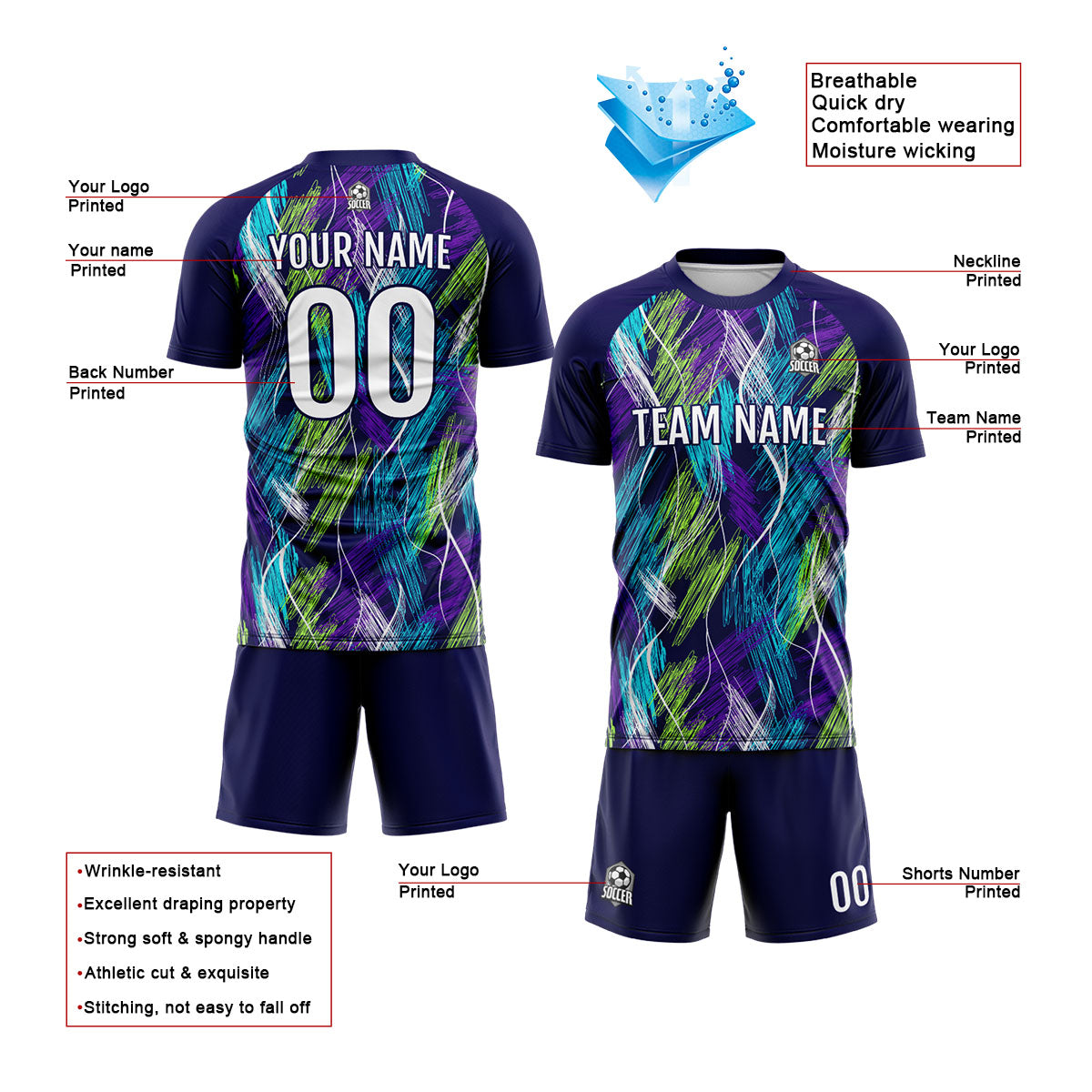 Custom Purple Light Blue Soccer Jerseys for Men Women Personalized Soccer Uniforms for Adult and Kid enthsush