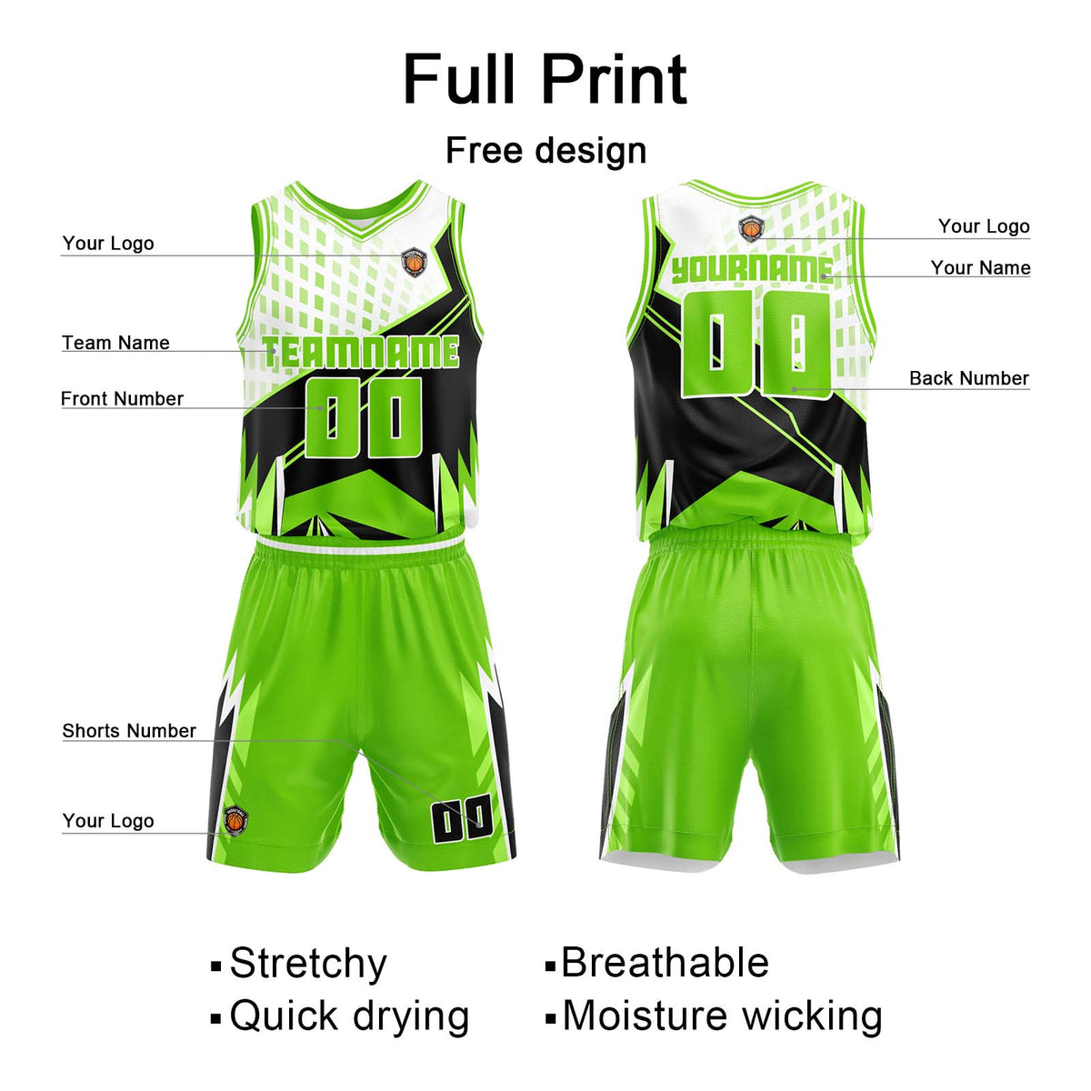 Custom Neon Green Basketball Jersey Uniform Suit Printed Your Logo Name Number enthsush