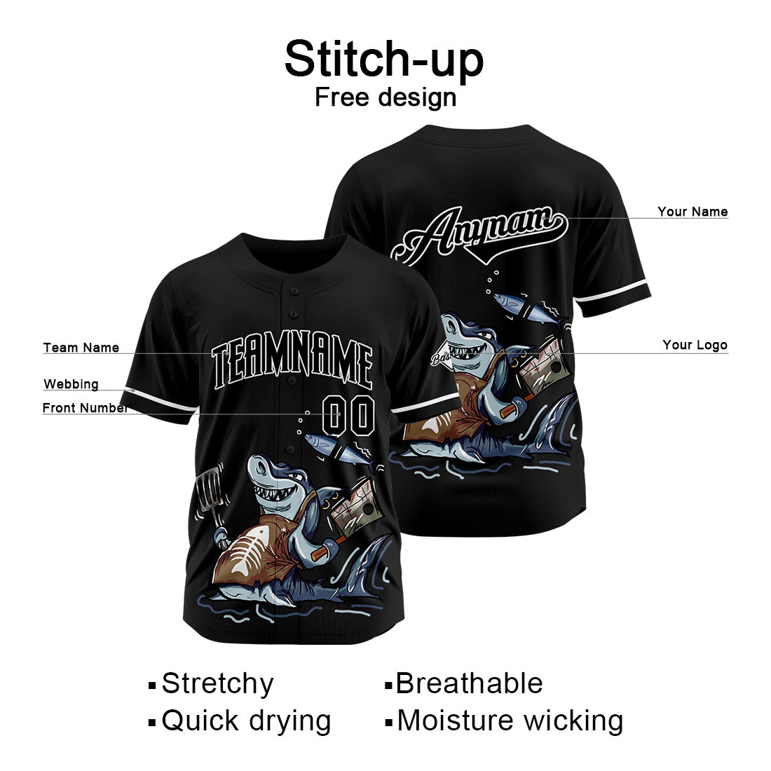 Custom Baseball Uniforms High-Quality for Adult Kids Optimized for Performance Chef Shark-Black enthsush