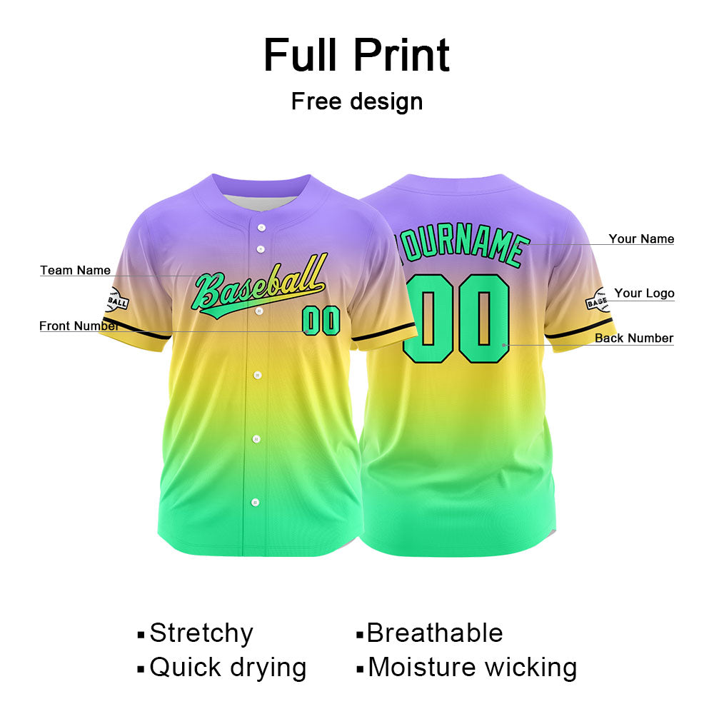 Custom Full Print Design Authentic Baseball Jersey green-yellow-purple enthsush