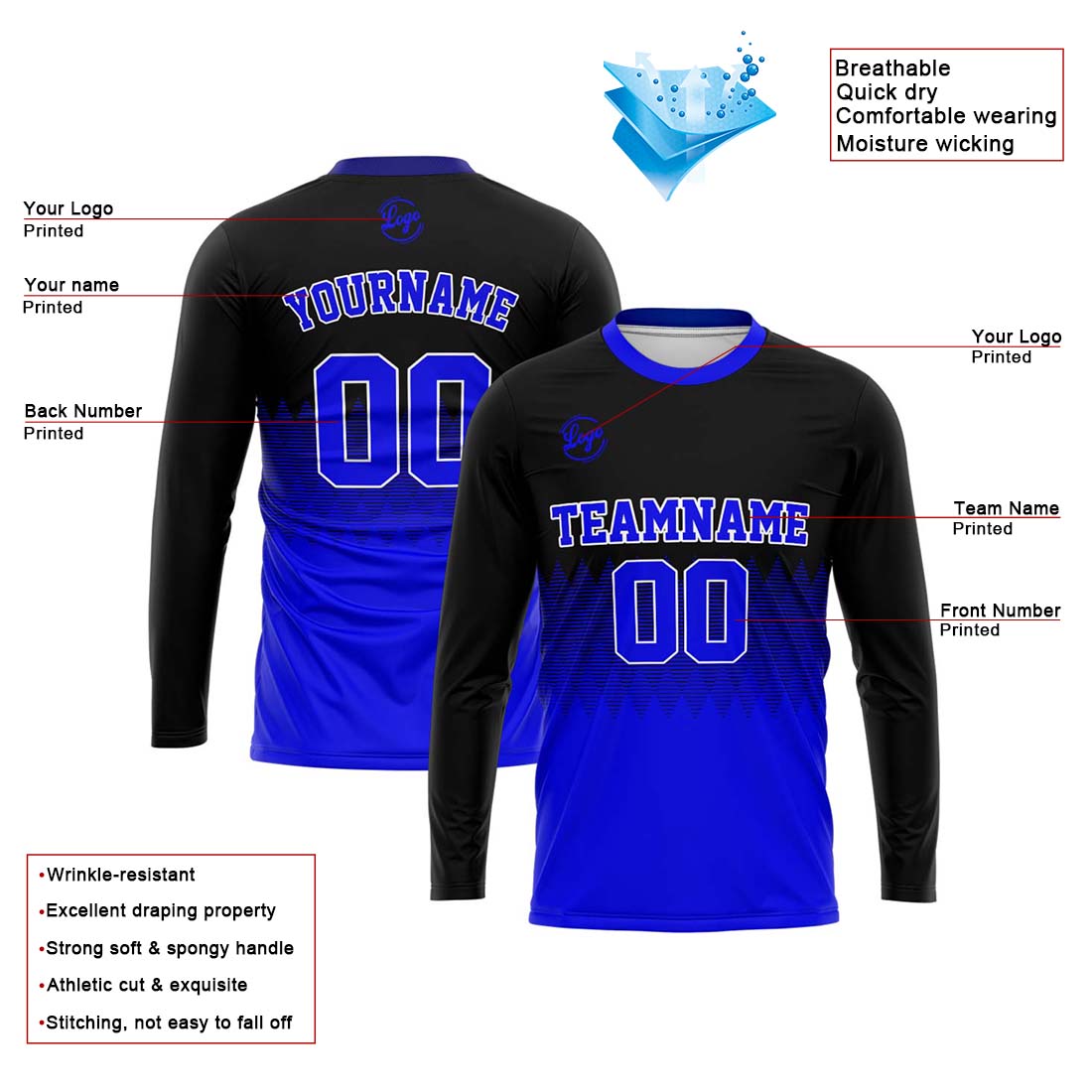 Custom Basketball Soccer Football Shooting Long T-Shirt for Adults and Kids Black&Royal enthsush