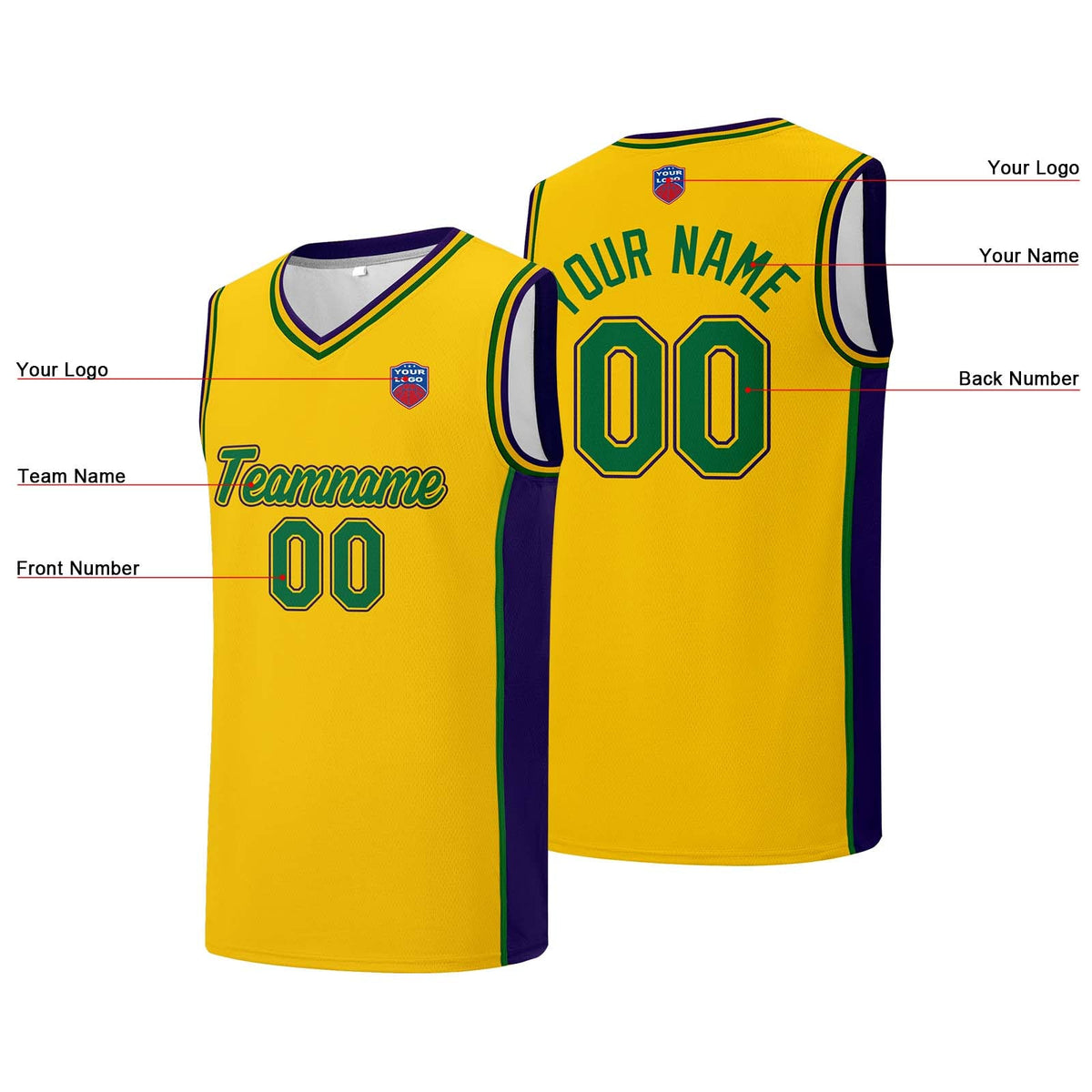 Custom basketball jersey shorts for men and women. Embroidered and printed name, number and logo Yellow enthsush