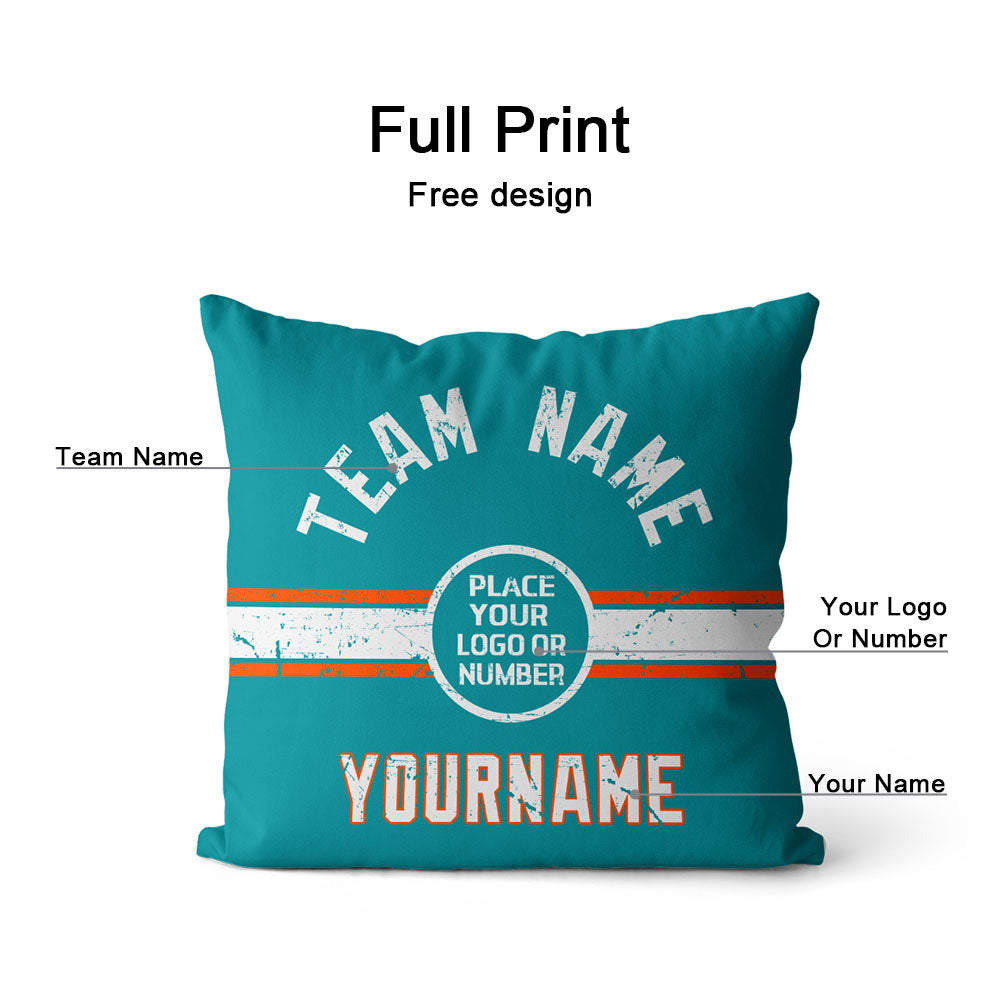 Custom Football Throw Pillow for Men Women Boy Gift Printed Your Personalized Name Number Aqua & Orange & White enthsush
