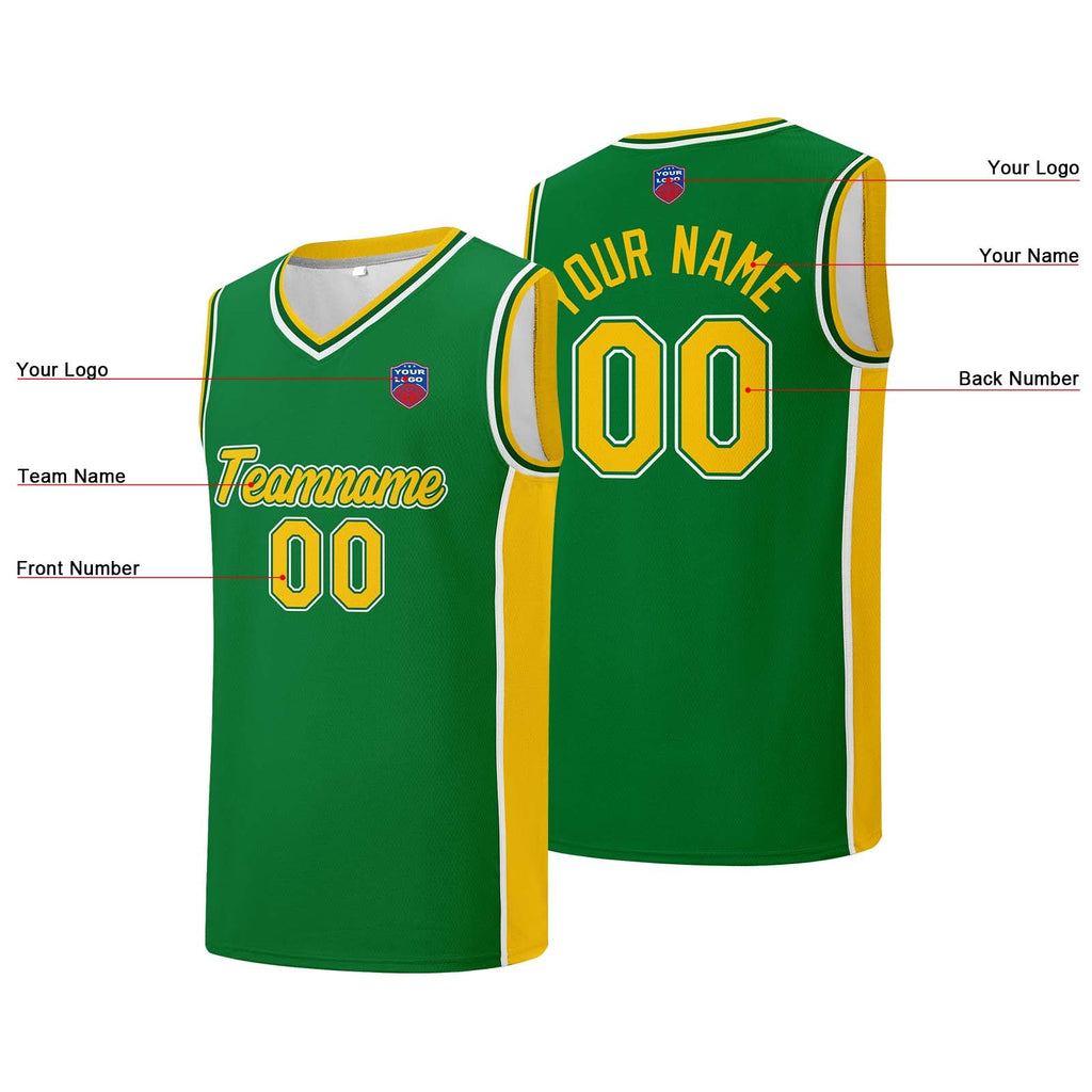 Custom basketball jersey shorts for men and women. Embroidered and printed name, number and logo Green&Yellow enthsush