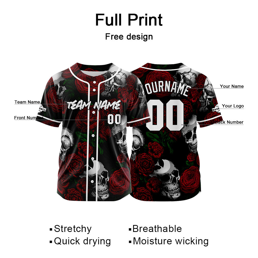Custom Baseball Jersey Personalized Baseball Shirt for Men Women Kids Youth Teams Stitched and Print Rose Skull&Red enthsush