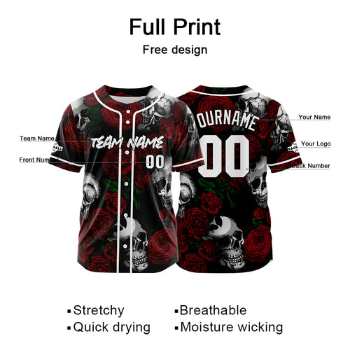Custom Baseball Jersey Personalized Baseball Shirt for Men Women Kids Youth Teams Stitched and Print Rose Skull&Red enthsush