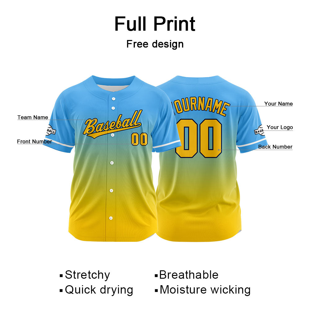Custom Full Print Design Authentic Baseball Jersey yellow-light blue enthsush