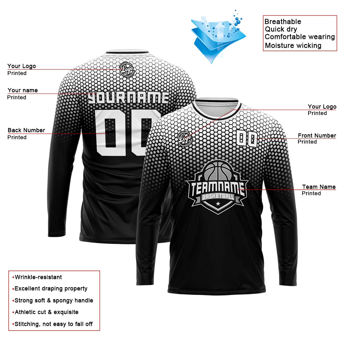 Custom Basketball Soccer Football Shooting Long T-Shirt for Adults and Kids Black&White enthsush