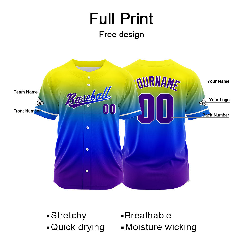Custom Full Print Design Authentic Baseball Jersey purple-blue-yellow enthsush