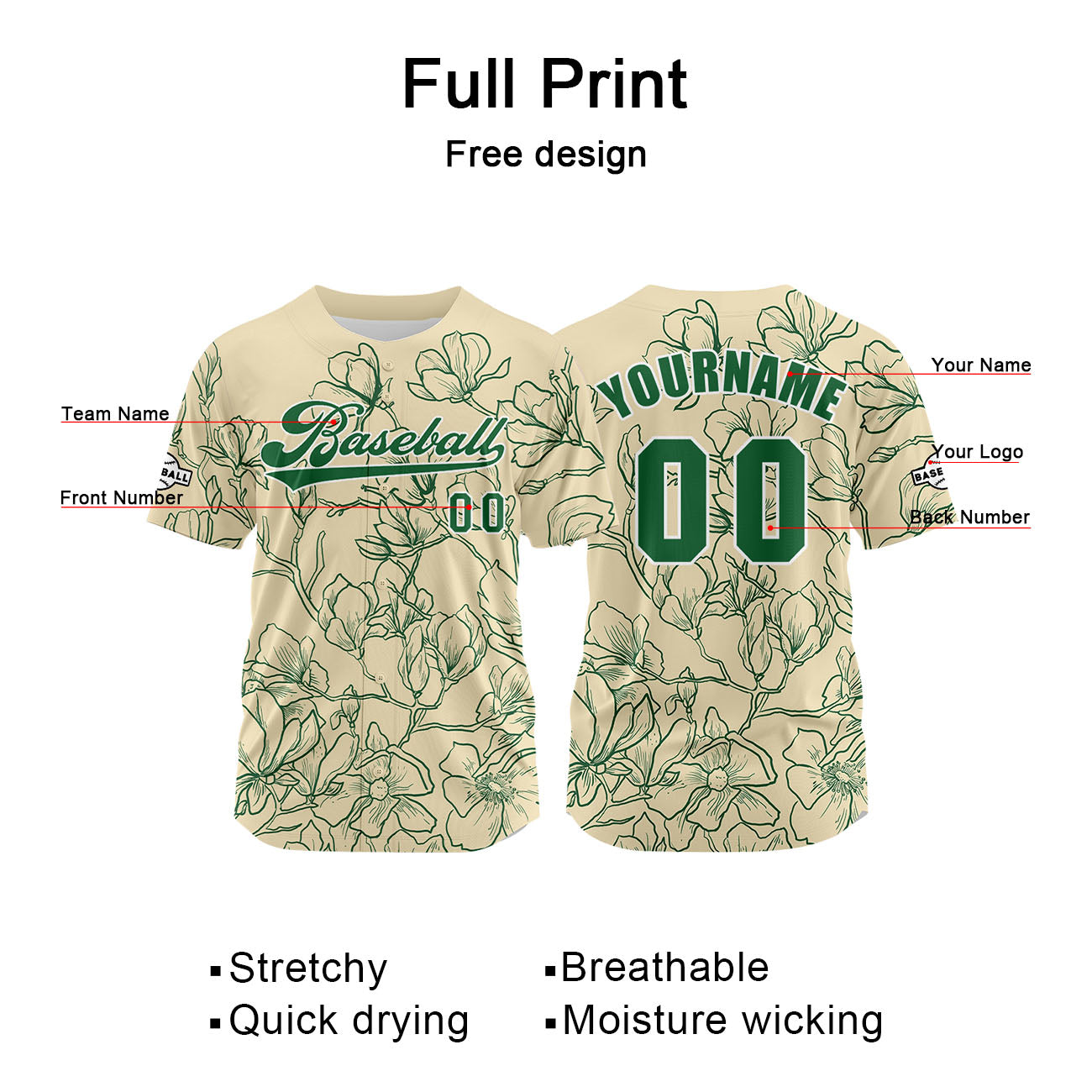 Custom Beige Green Jersey Personalized Baseball Shirt for Men Women Kids Youth enthsush