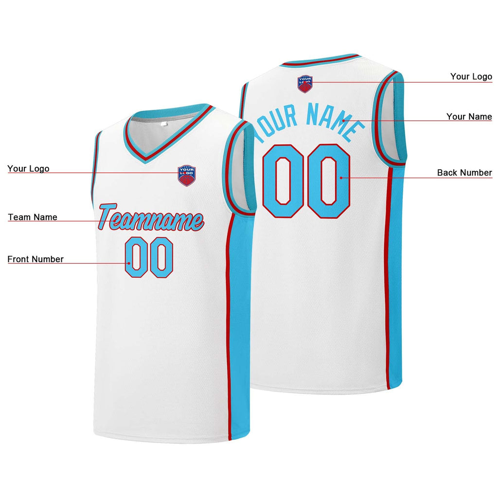 Custom basketball jersey shorts for men and women. Embroidered and printed name, number and logo White&Light Blue&Red enthsush