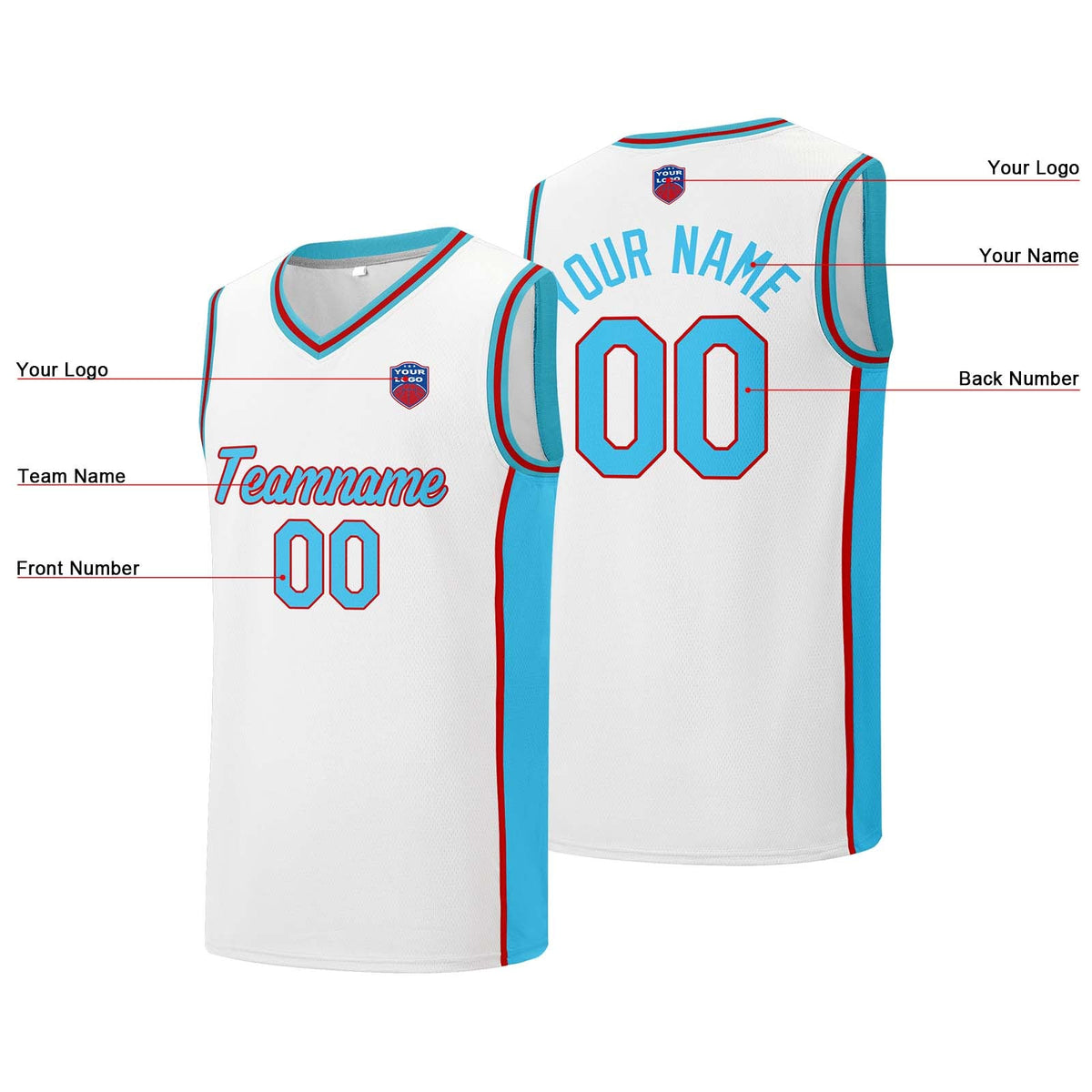 Custom basketball jersey shorts for men and women. Embroidered and printed name, number and logo White&Light Blue&Red enthsush