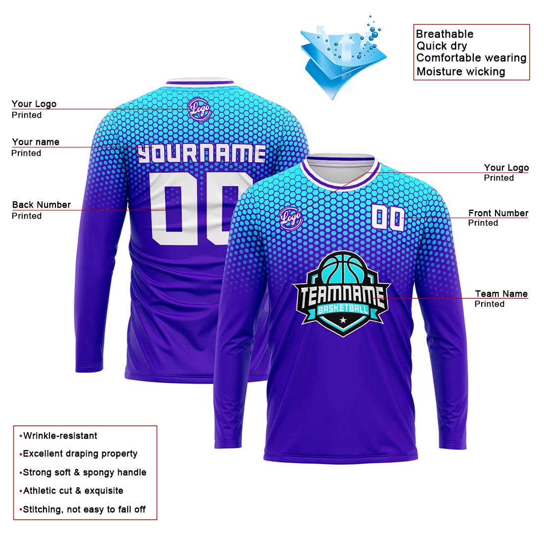 Custom Basketball Soccer Football Shooting Long T-Shirt for Adults and Kids Light Blue&Royal enthsush