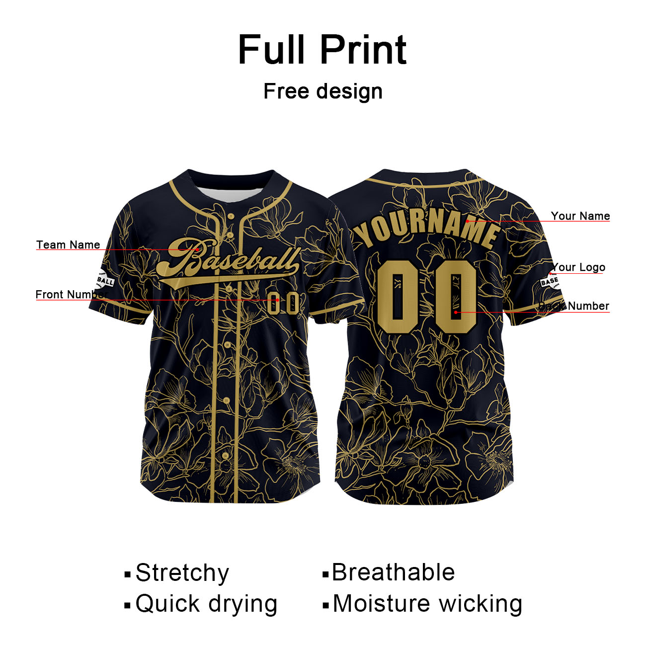 Custom Black Gold Jersey Personalized Baseball Shirt for Men Women Kids Youth enthsush