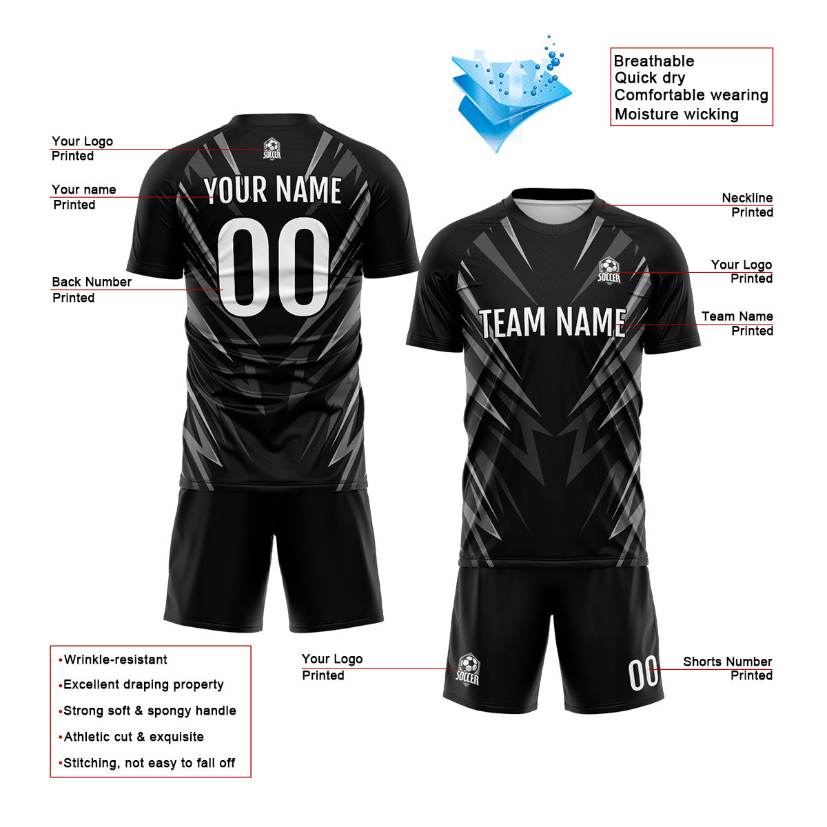 Custom Black Soccer Jerseys for Men Women Personalized Soccer Uniforms for Adult and Kid enthsush
