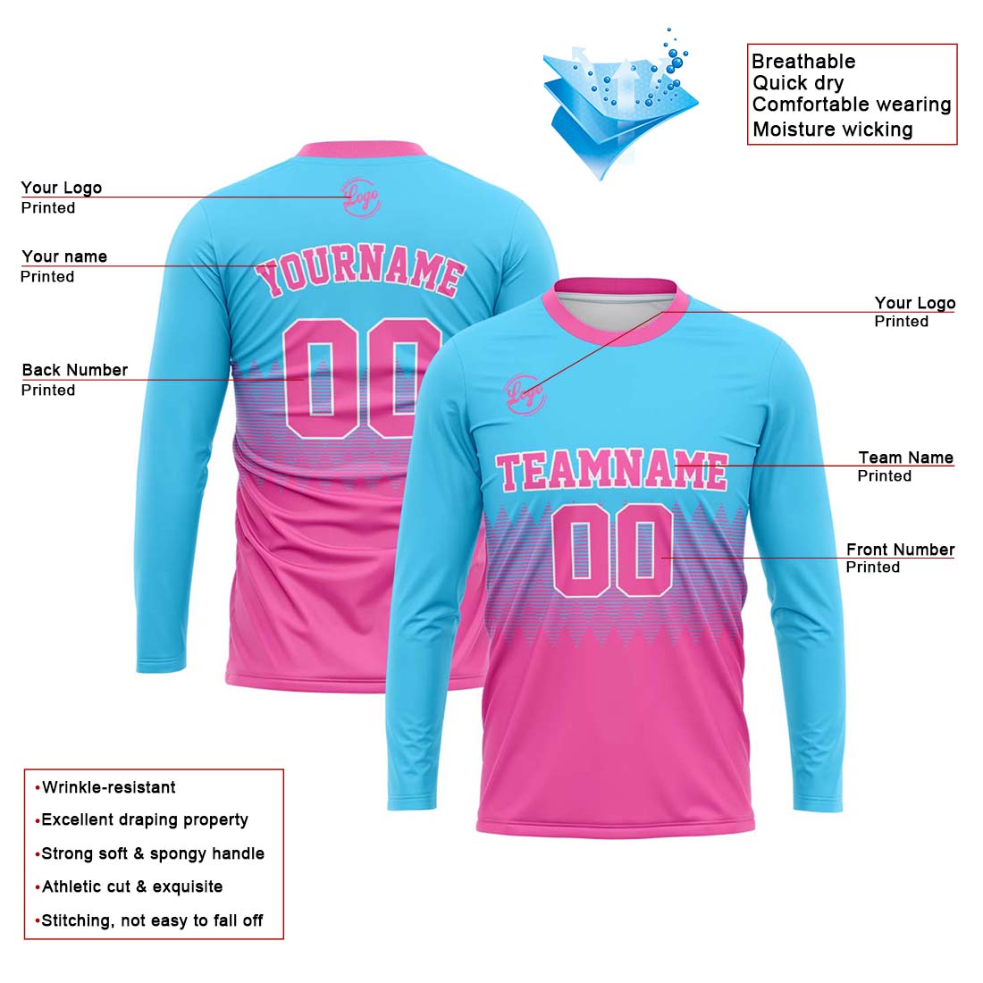 Custom Basketball Soccer Football Shooting Long T-Shirt for Adults and Kids Light Blue&Pink enthsush