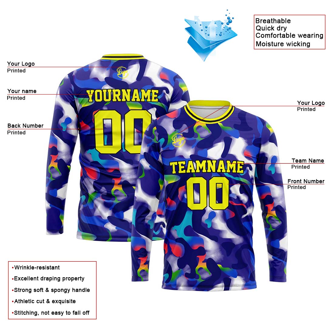 Custom Basketball Soccer Football Shooting Long T-Shirt for Adults and Kids Royal&Yellow enthsush