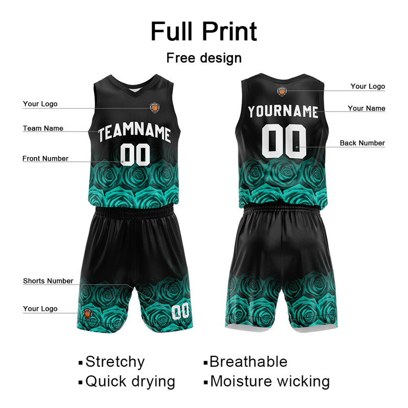 Custom Rose Green Reversible Basketball Suit for Adults and Kids Personalized Jersey