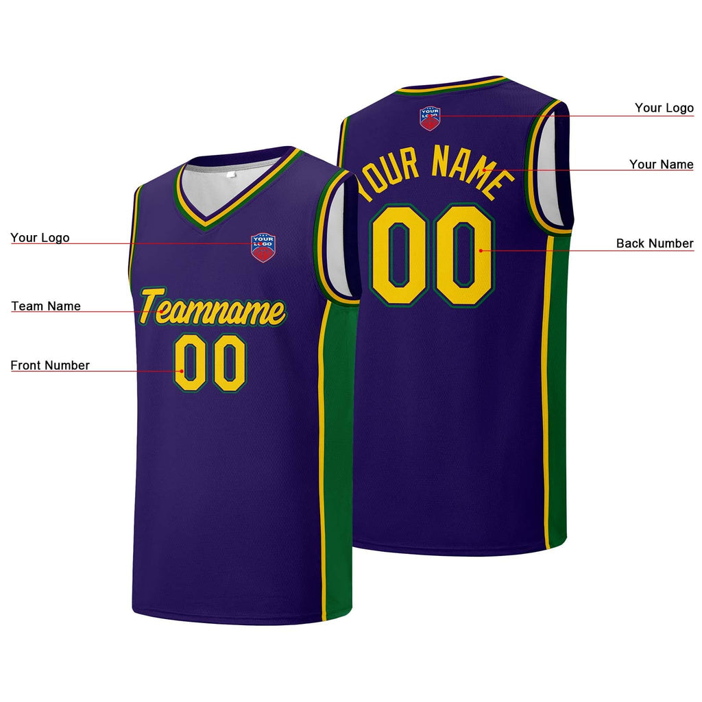 Custom basketball jersey shorts for men and women. Embroidered and printed name, number and logo Purple enthsush