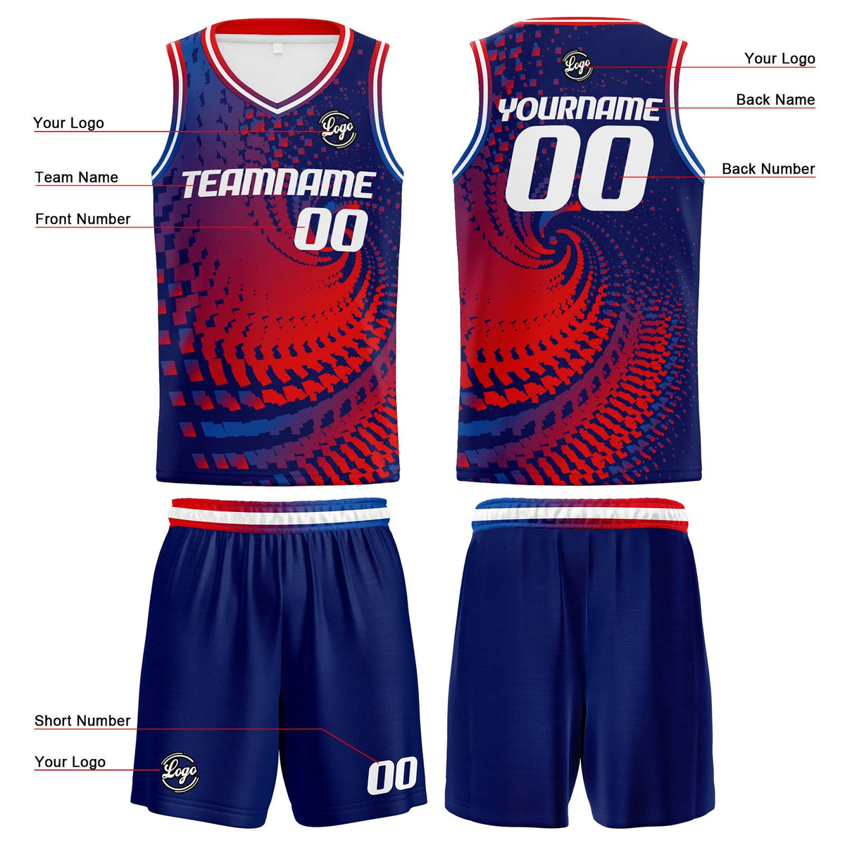 Custom Navy Red Reversible Basketball Suit for Adults and Kids Personalized Jersey enthsush
