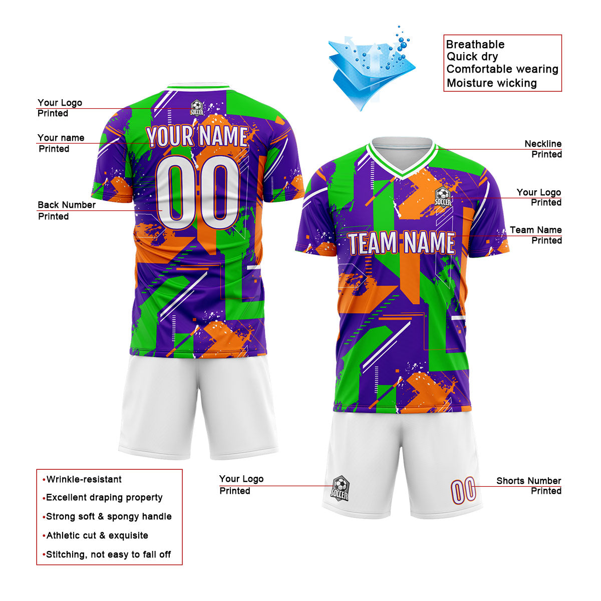 Custom Purple Orange Soccer Jerseys for Men Women Personalized Soccer Uniforms for Adult and Kid enthsush